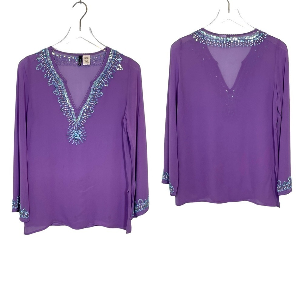 Pow Wow Purple/Lilac 100% Silk Beaded Sequined Tunic Top Side Slits Size 2